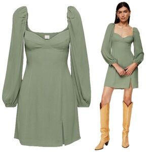 Wilfred Aritzia Novela Sage Green Square Neck Puff Sleeve Babydoll Mini Dress